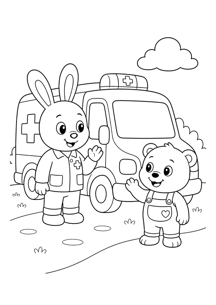 Página para colorear de una ambulancia y personajes
