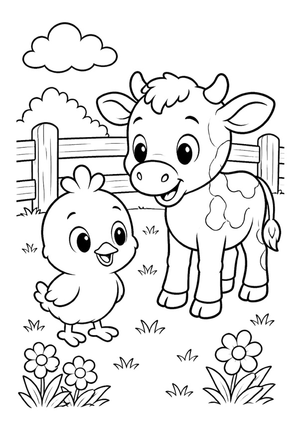 Página interior para colorear: pollito y vaca de granja