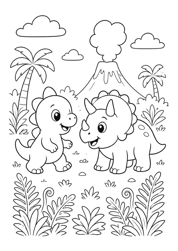 Página interior para colorear: dinosaurio y triceratops