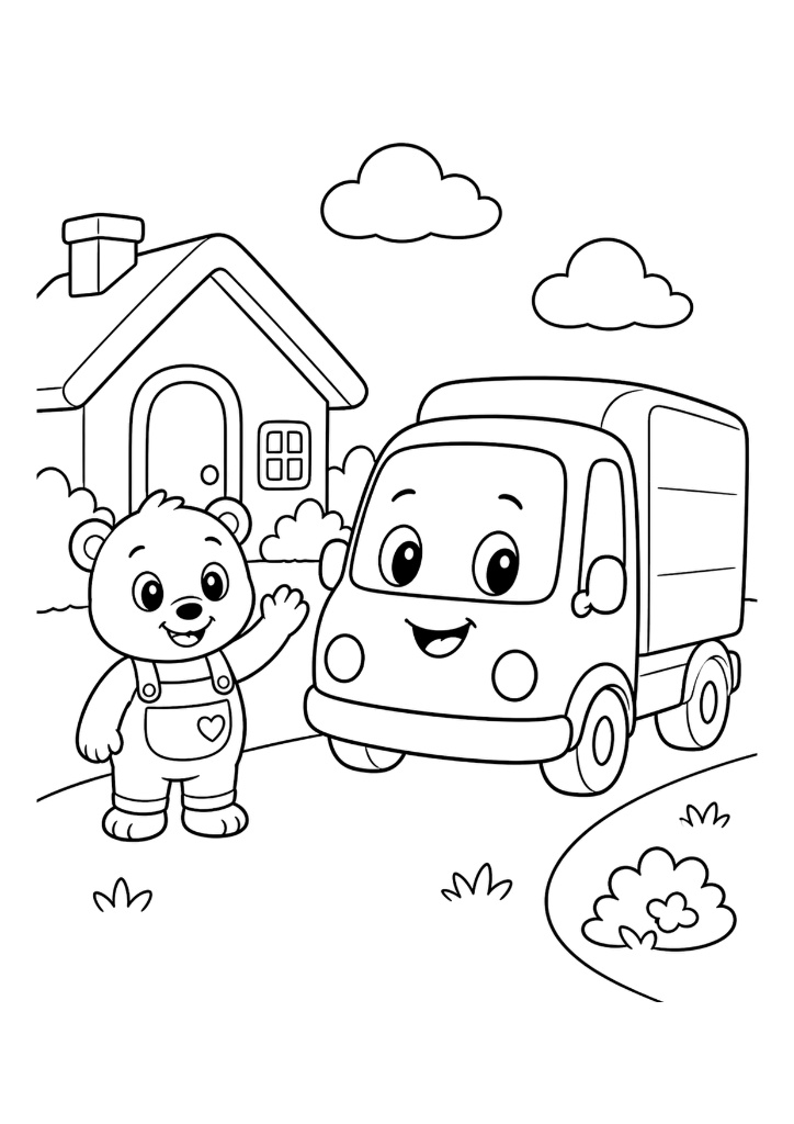 Página para colorear de un oso y un camión