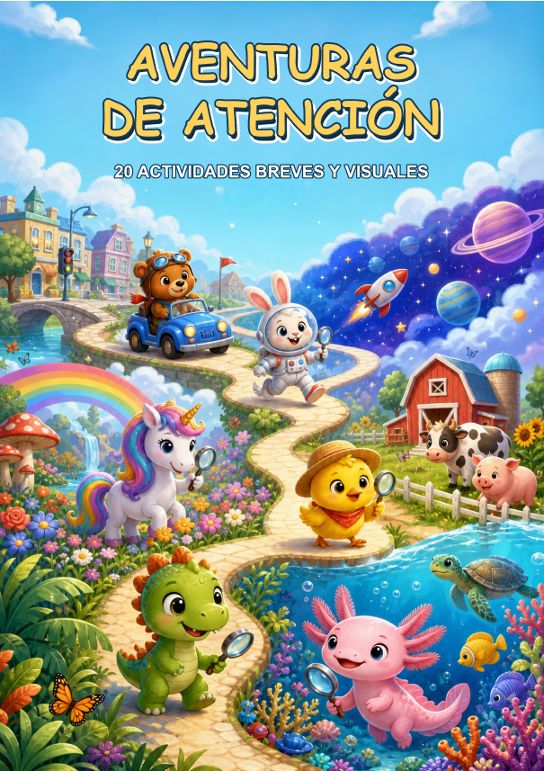 Portada Aventuras de Atención, 20 actividades breves y visuales