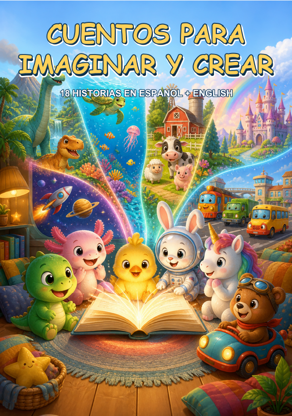 Portada Cuentos para Imaginar y Crear, 18 historias en español e inglés