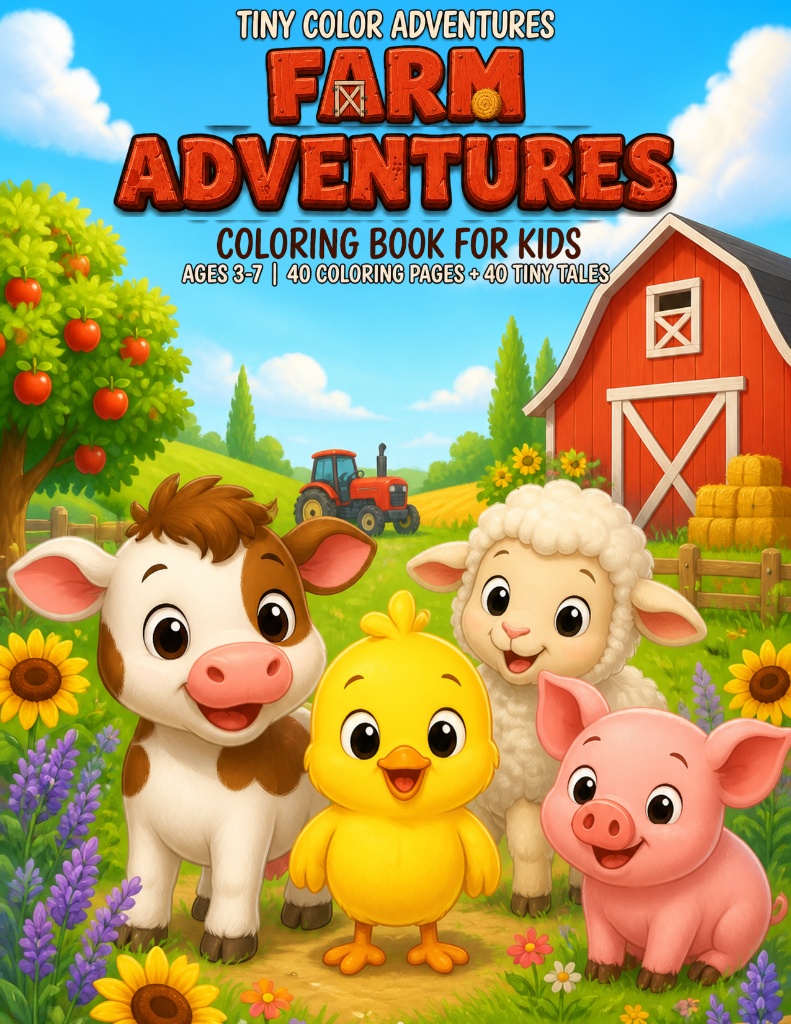 Portada Farm Adventures, libro para colorear de la granja