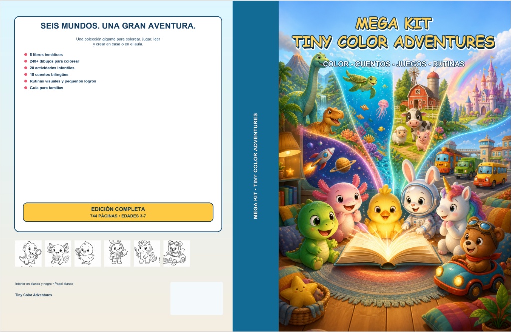 Mega Kit Tiny Color Adventures - portada completa con los 6 libros para colorear